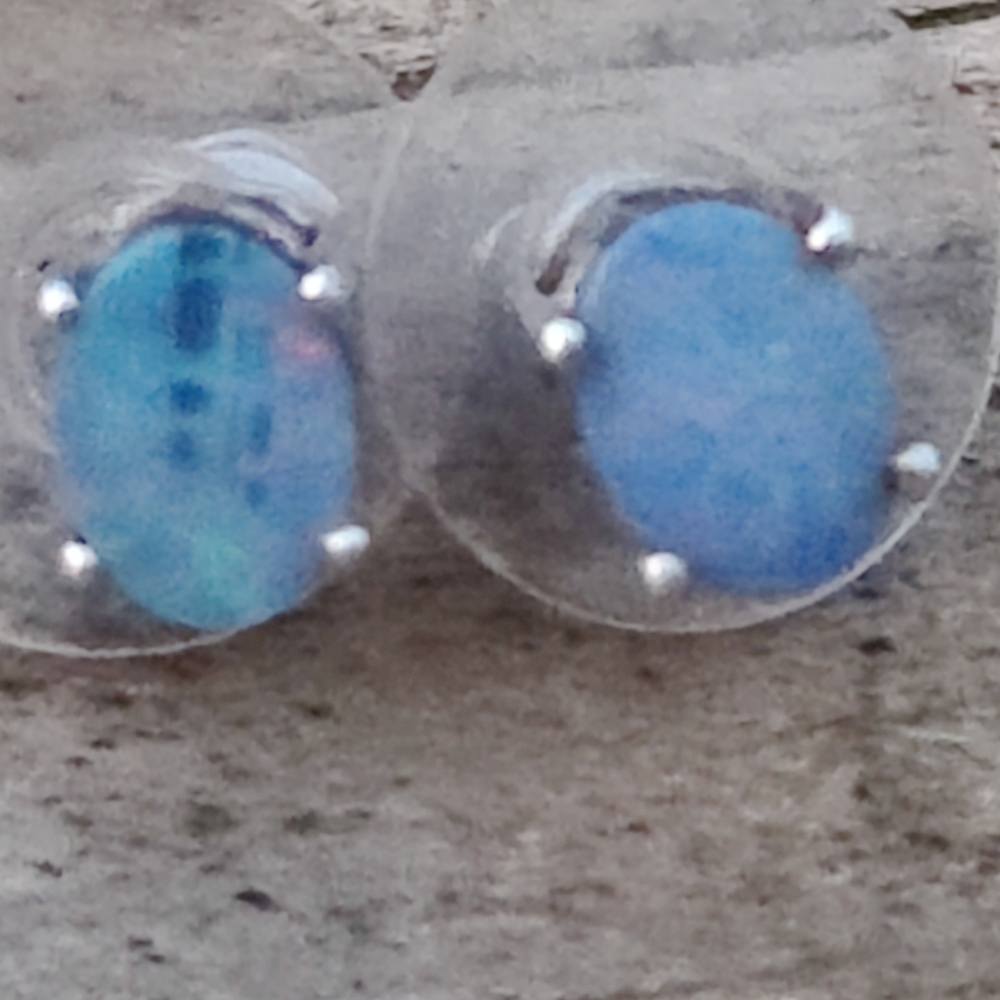Sterling Silver Natural Opal Stud Earrings - Picture 2 of 6
